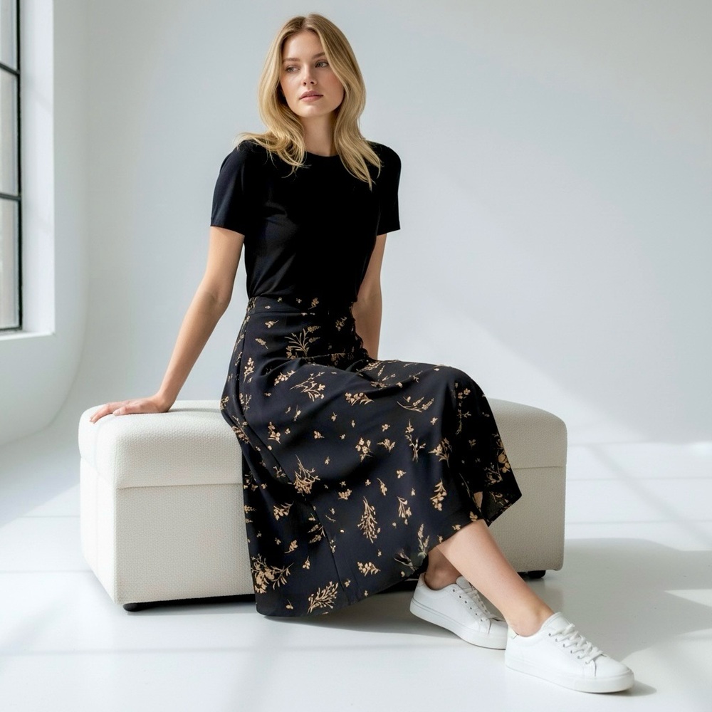 Vince Camuto Midi Skirt A-Line Georgette Floral Black Elastic Back Waist Lined